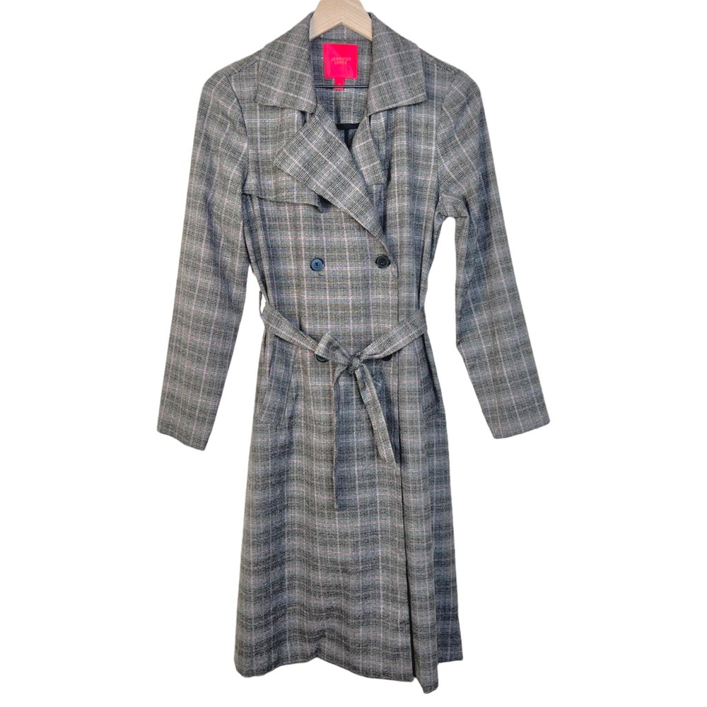 NWOT Jennifer Lopez Gray Plaid Belted Wrap Tie Waist Trench Coat Red Small - Picture 3 of 12
